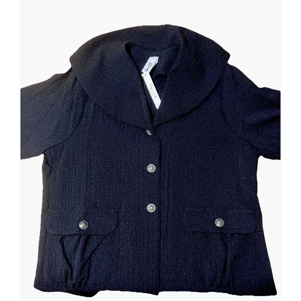 Black Textured Crepe 1XL Lightweight Jacket Large Collar Fancy Buttons Gothic